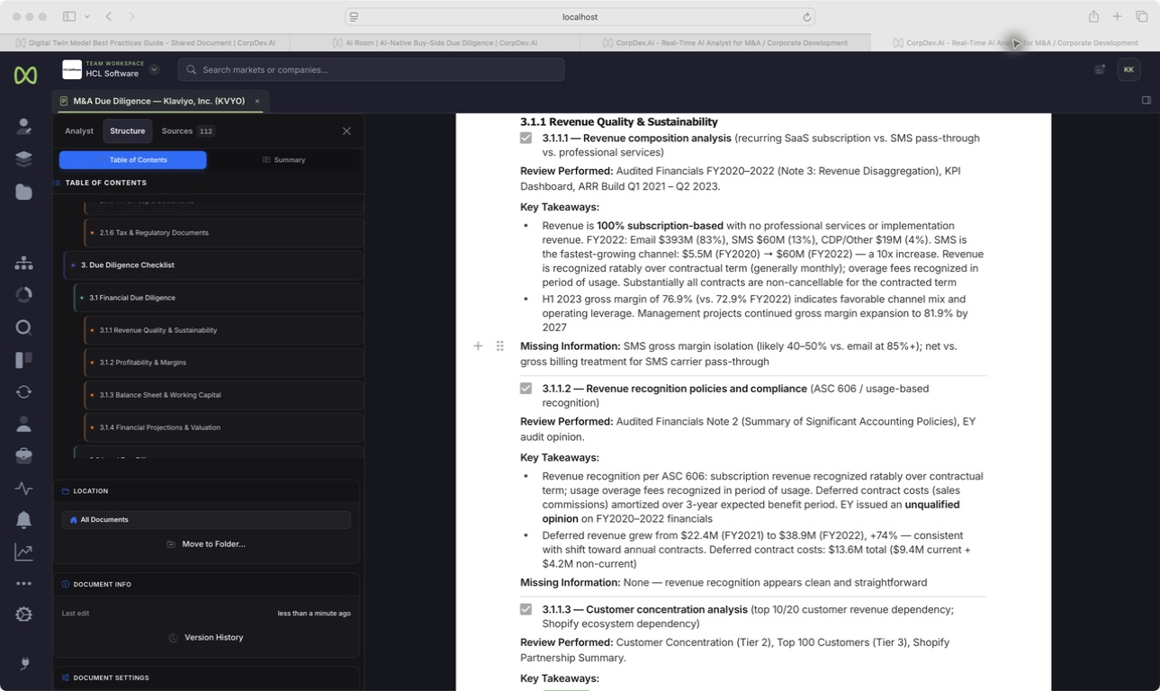 Review the evidence and record the findings. Actual CorpDev.Ai product view.