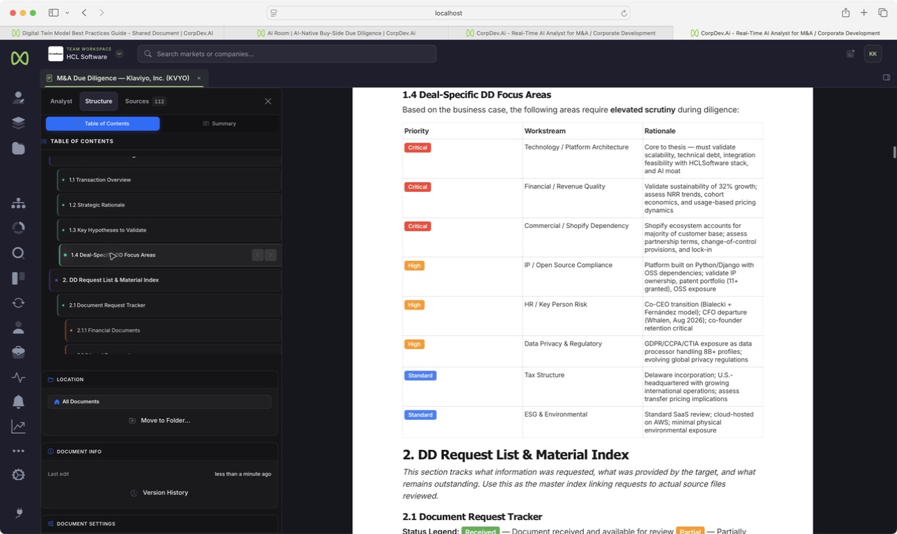 Focus on what could change the deal. Actual CorpDev.Ai product view.