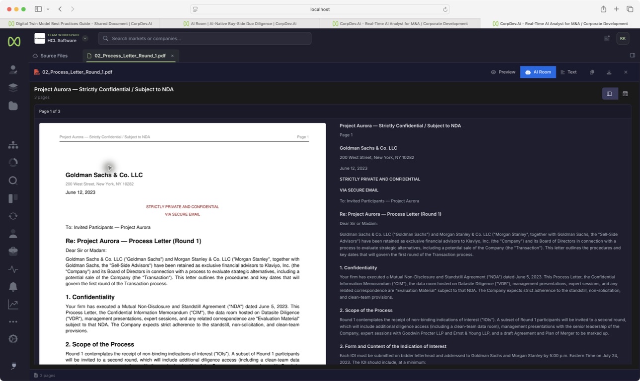 Open the document. Check what the AI read. Actual CorpDev.Ai product view.