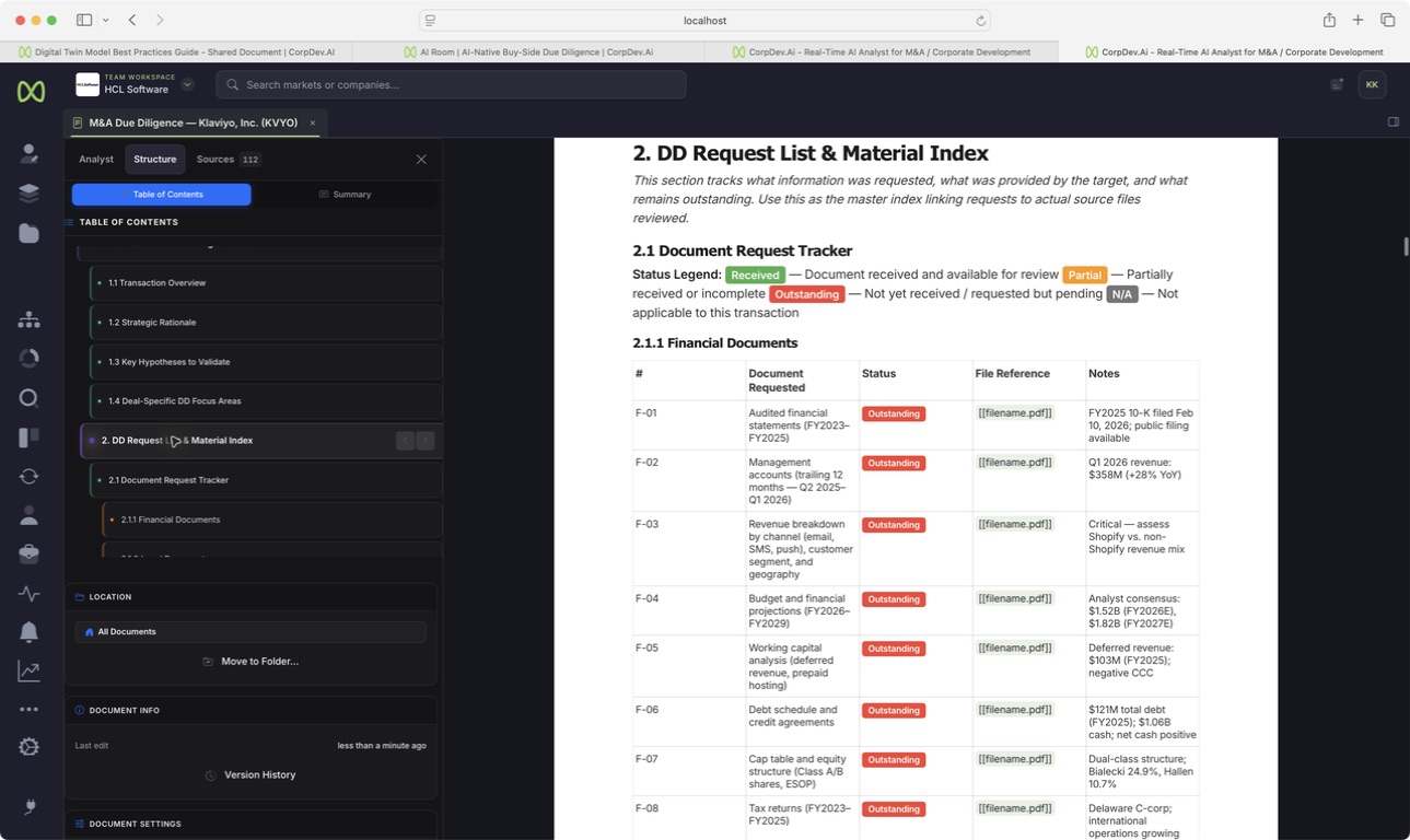 Turn evidence gaps into targeted requests. Actual CorpDev.Ai product view.