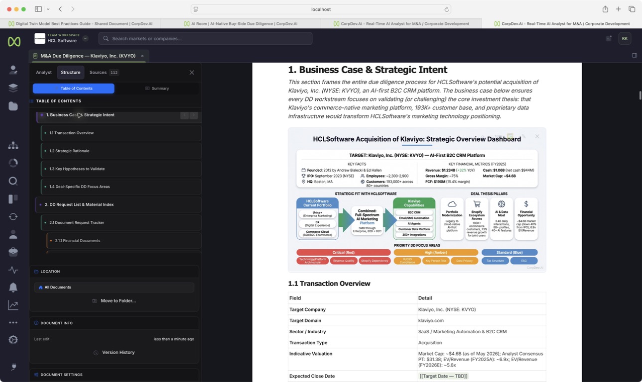 Bring the evidence into the deal thesis. Actual CorpDev.Ai product view.