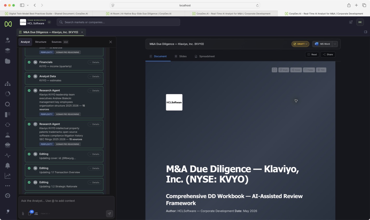 Current Analyst alongside the diligence workbook.
