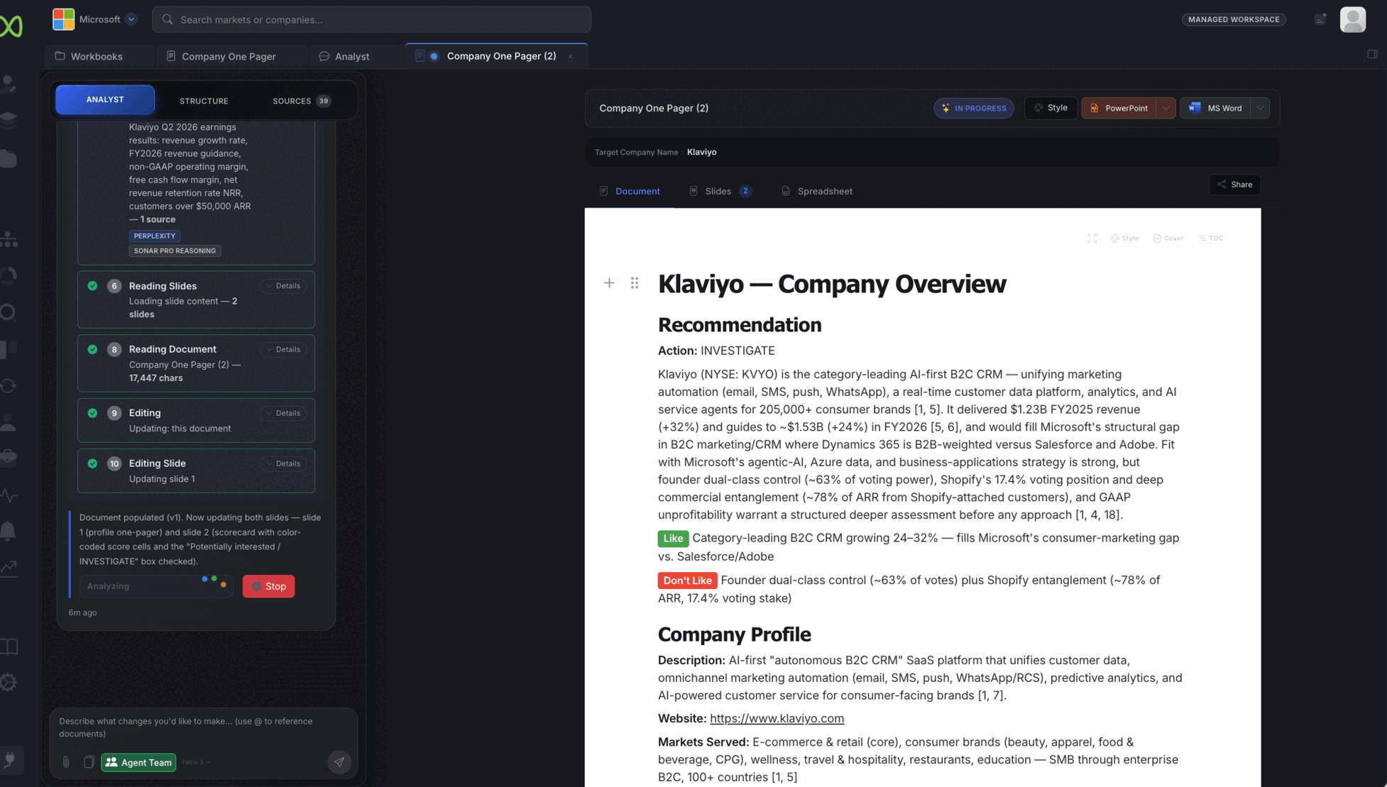 The AI Analyst working through a company one-pager, its reasoning steps visible alongside the document
