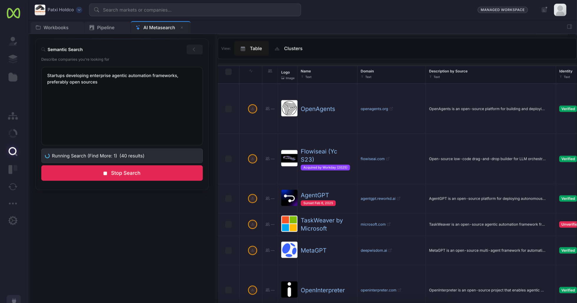 A semantic target search running live, with matched companies streaming into a table of logos, domains, source descriptions and verified identities