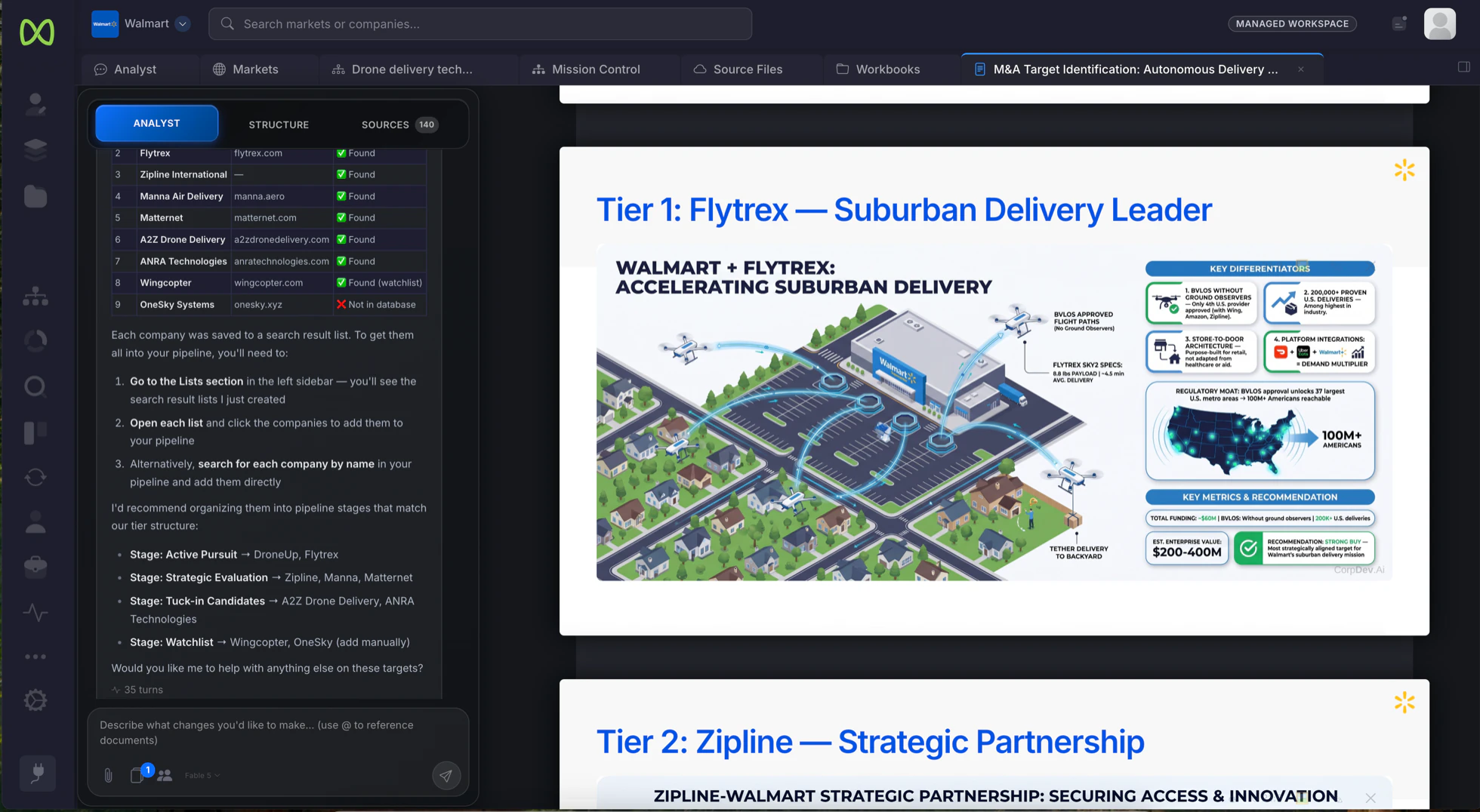 The actual Analyst and slide editor showing a detailed buyer-specific rationale for combining Walmart’s store network with Flytrex delivery capabilities.