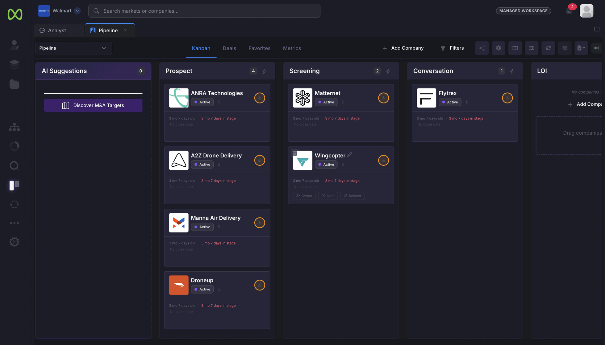 A deal pipeline kanban with AI-enriched company cards moving through stages