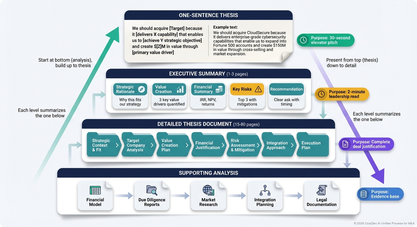 Deal Thesis Framework Pyramid - Visual pyramid showing the hierarchy of deal thesis components from Strategic Rationale at the base through Value Creation, Financial Justification, and Execution Plan