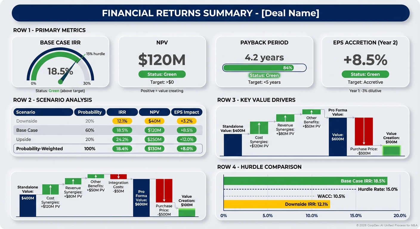 Returns Analysis Summary Dashboard - Visual dashboard showing key ROI metrics including IRR, NPV, payback period, and EPS accretion with scenario comparisons