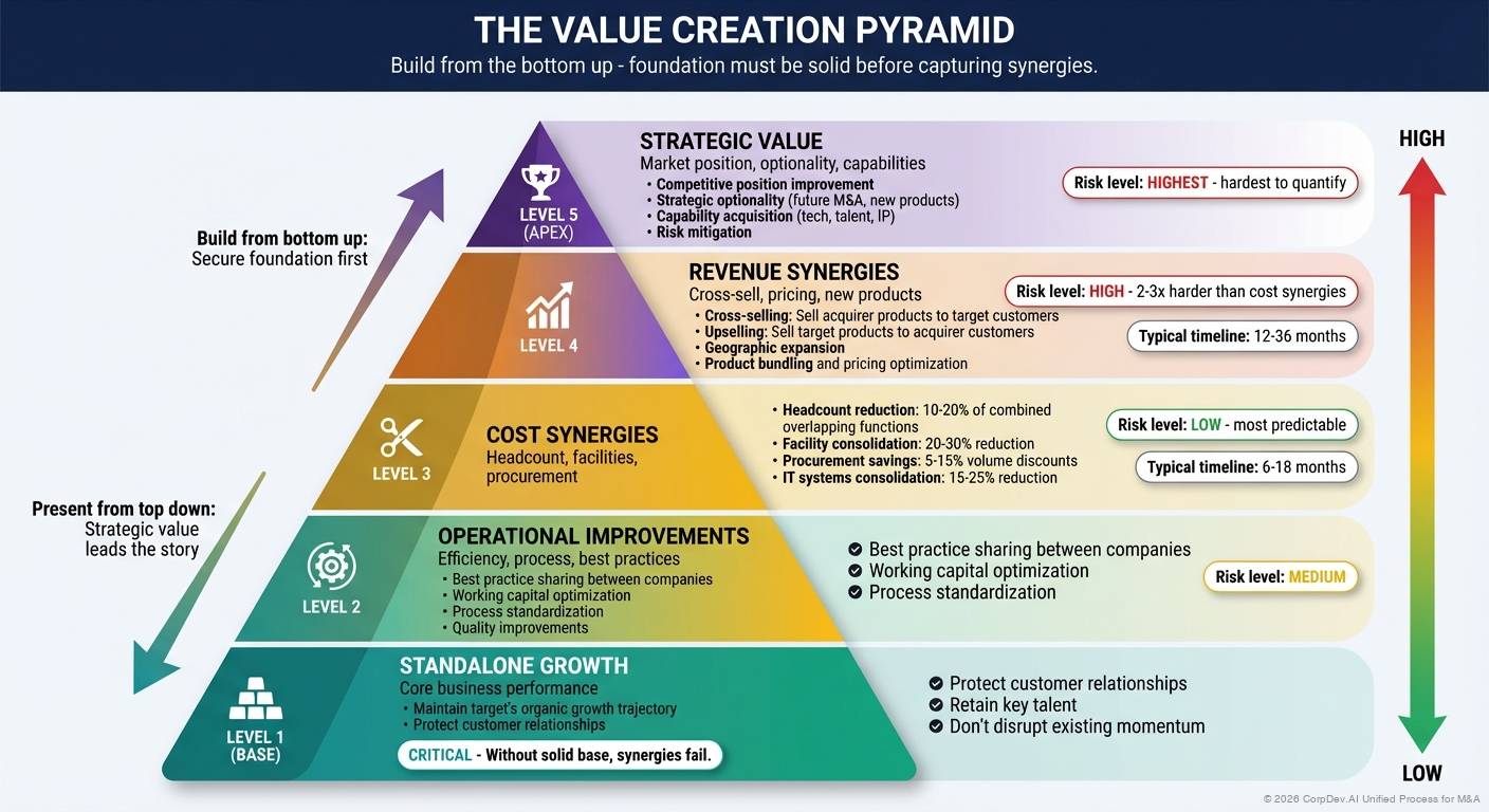 Value Creation Pyramid - Five-level pyramid showing the hierarchy of value sources from standalone growth at the base through operational improvements, cost synergies, revenue synergies, to strategic value at the apex