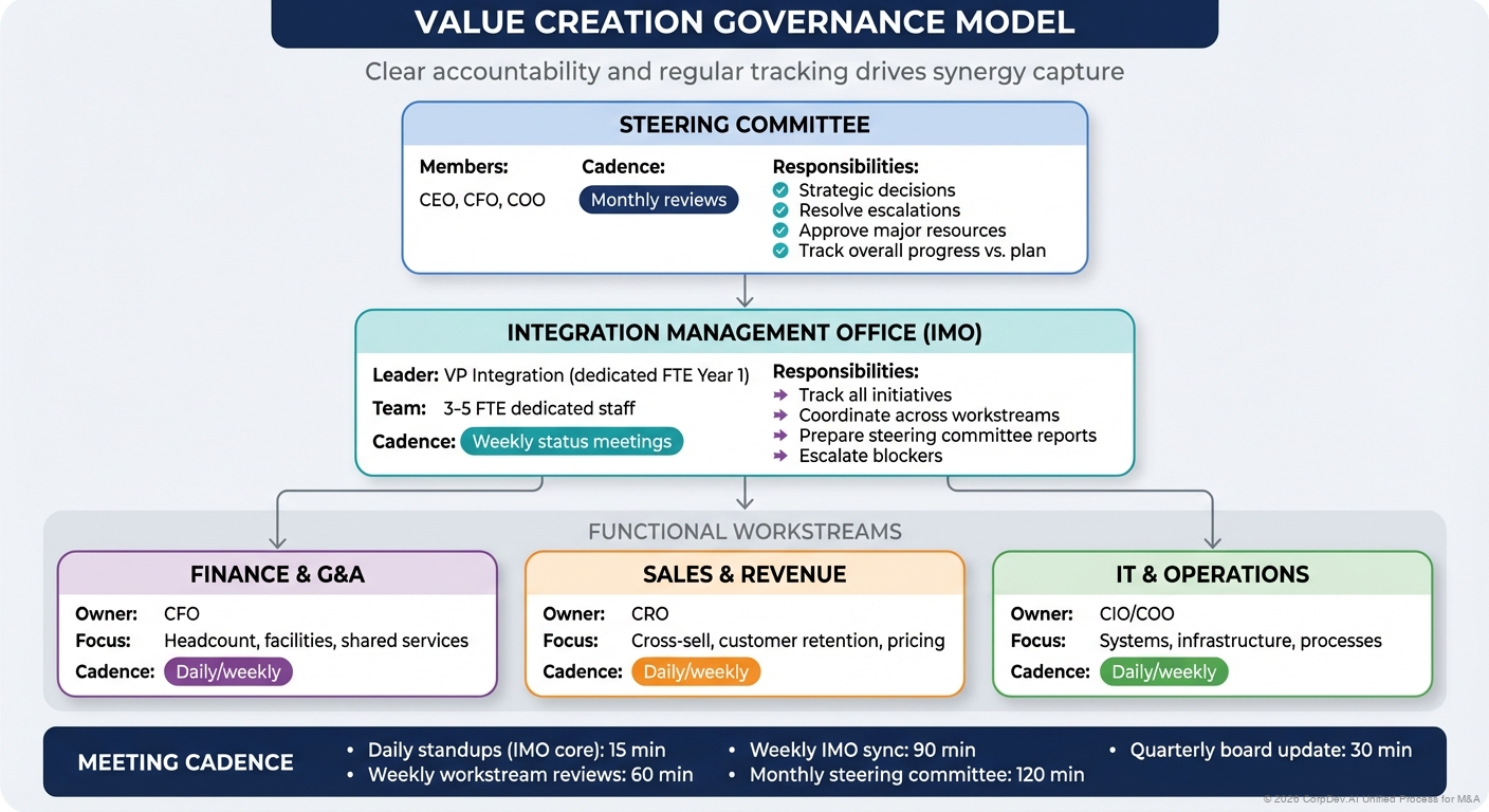 Value Creation Governance Model - Hierarchical org chart showing Steering Committee, Integration Management Office, and Functional Workstreams with roles, responsibilities, and meeting cadences