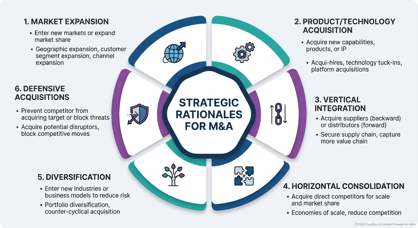 Six Strategic Rationales for M&A - Hexagonal diagram showing Market Expansion, Product/Technology Acquisition, Vertical Integration, Horizontal Consolidation, Diversification, and Defensive Acquisitions