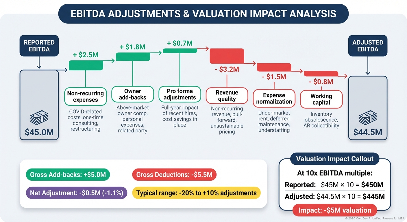 Quality of Earnings (QoE) Bridge Chart - Waterfall diagram showing adjustments from Reported EBITDA through normalizing adjustments, non-recurring items, and pro forma adjustments to arrive at Adjusted EBITDA