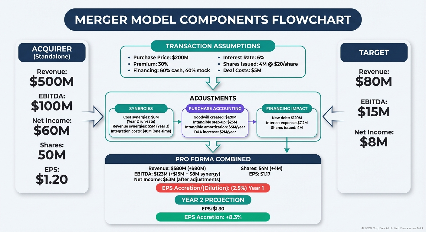 Merger Model Structure Overview - Visual showing the key components of a merger model including sources and uses, pro forma income statement, balance sheet adjustments, and EPS accretion/dilution calculation flow