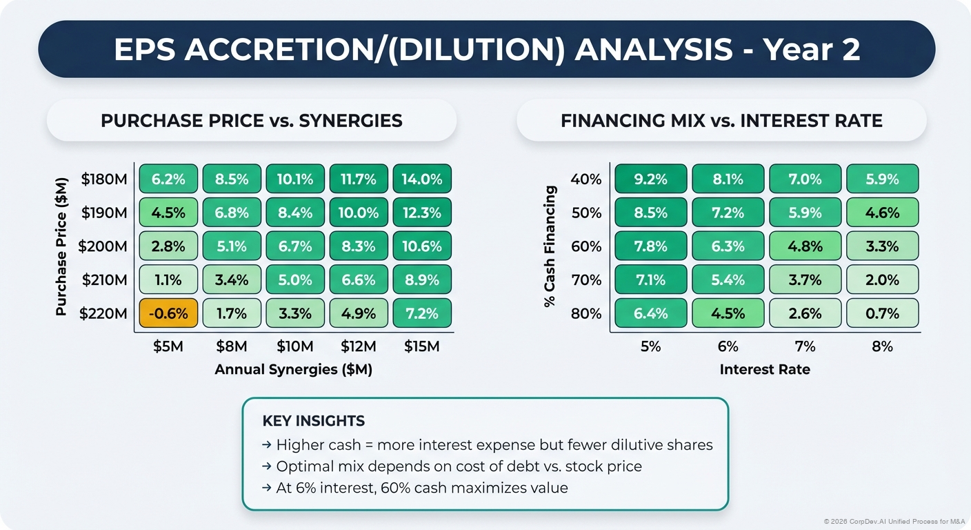 Accretion/Dilution Sensitivity Analysis - Matrix showing EPS impact under various purchase price and synergy assumptions with color-coded cells indicating accretive (green) and dilutive (red) scenarios